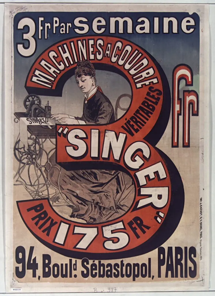 Affiche de Jules Chéret annonçant des machines à coudre Singer à 175 francs, payables 3 francs par semaine
