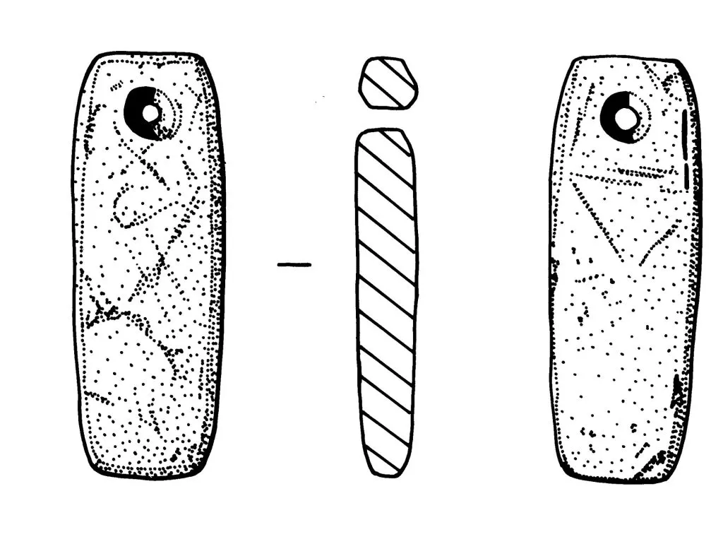 Dessin archéologique d'une probable pierre de touche rectangulaire percée d'un trou