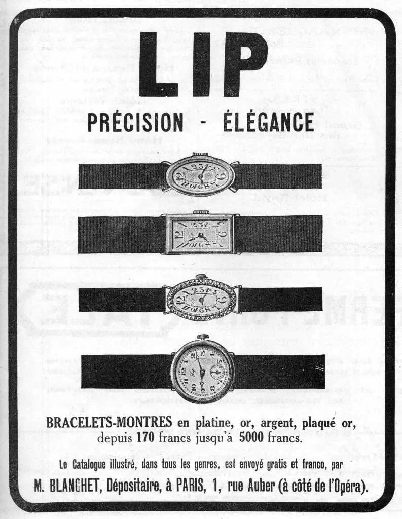 Publicité Lip de 1923 présentant quatre bracelets-montres de forme sous le slogan Précision Élégance