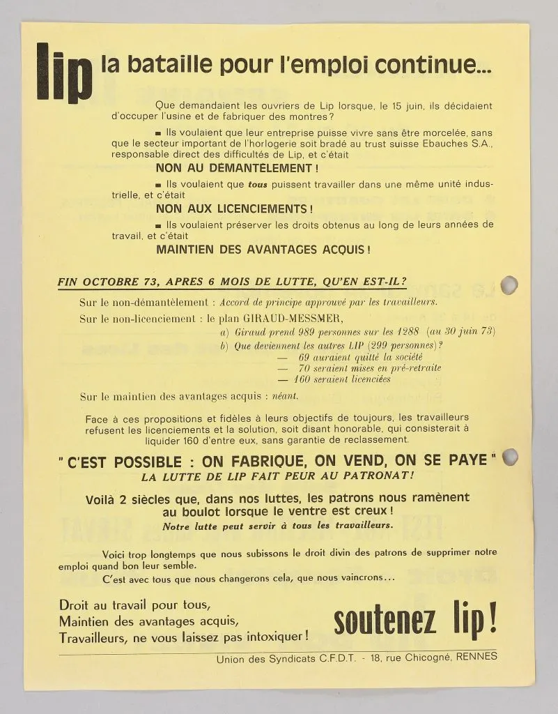 Tract jaune de 1973 titré Lip la bataille pour l'emploi continue, avec le slogan C'est possible